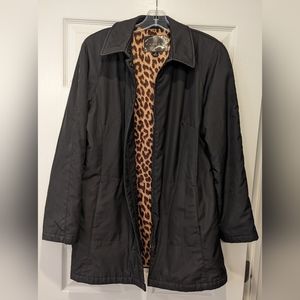 Gallery Women's Black full zip Jacket Coat Pockets gold Leopard Print Lining M